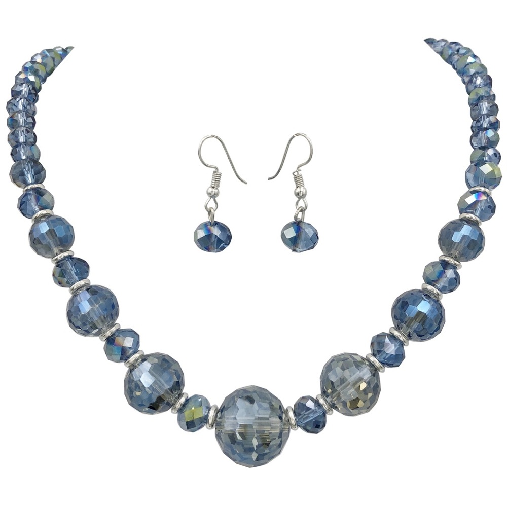 Beveled Glass Beaded Blue Necklace Earrings Set